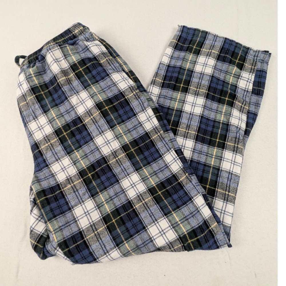 LL Bean Mens Flannel Pajama Pants Blue Green Plaid Cotton Sleepwear M 32